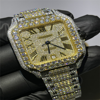 OEM Bust Down Moissanite Watch Yellow Gold Bling Iced Out Watch Hand Setting