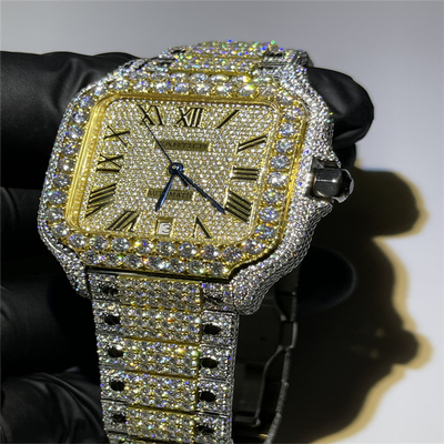 OEM Bust Down Moissanite Watch Yellow Gold Bling Iced Out Watch Hand Setting