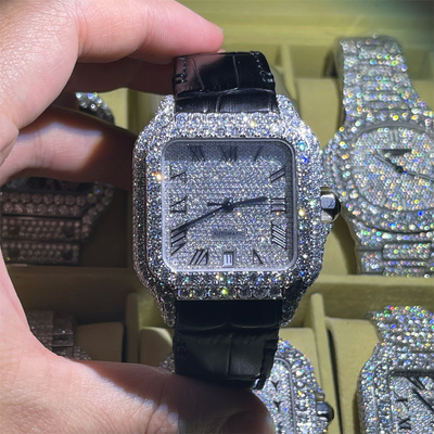 Custom Diamond Leather Band Moissanite Watch Cartier Hand Setting Iced Out 3EX