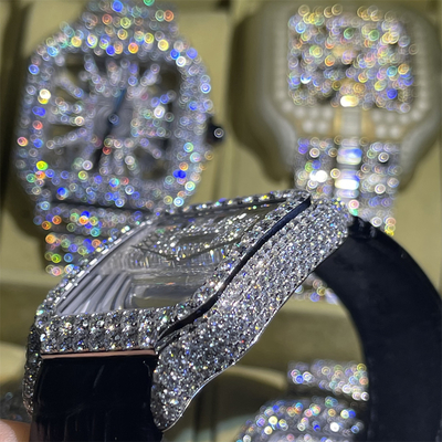 Custom Diamond Leather Band Moissanite Watch Cartier Hand Setting Iced Out 3EX