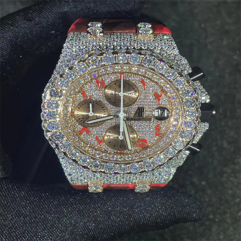 Round Brilliant Cut Moissanite Ap Watch 18 Carats Band Moissanite Iced Out Watch