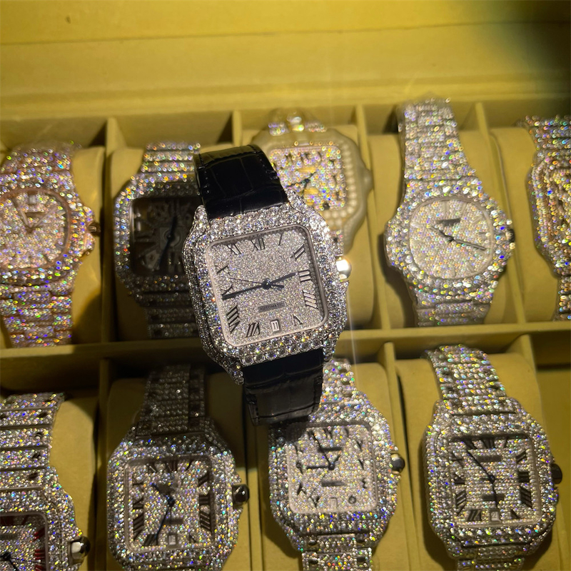 Custom Diamond Leather Band Moissanite Watch Cartier Hand Setting Iced Out 3EX